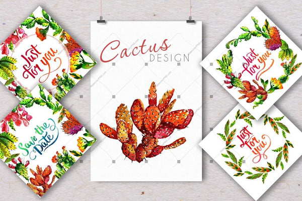Cool Tropical Cactus Png Watercolor Set Digital