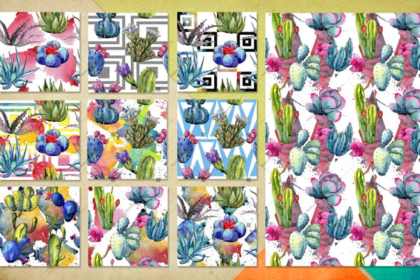 Watercolor 100 Cacti Patterns Jpg Set Digital