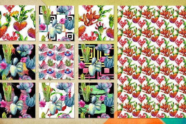 Watercolor 100 Cacti Patterns Jpg Set Digital