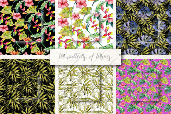 100 Patterns Of Tropics Jpg Watercolor Set Digital