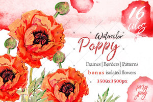 Watercolor Red Poppy Png Set Digital