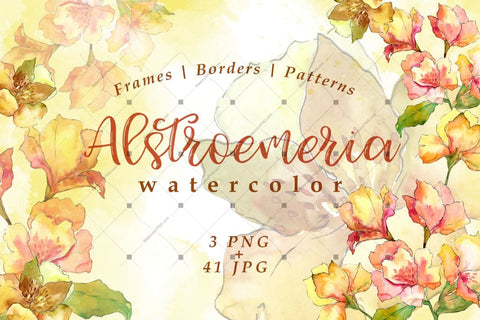 Watercolor Yellow Alstroemeria Flower Png Set Digital