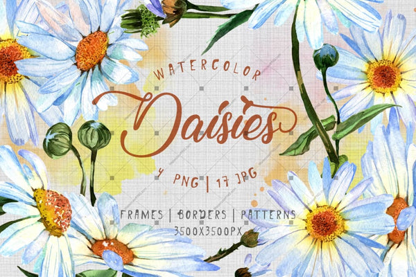 Cool Watercolor Daisies Png Set Digital