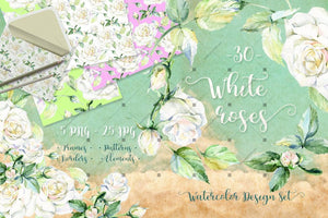 Delicate White Roses Png Watercolor Set Digital