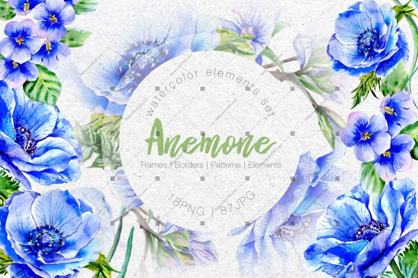 Wonderful Blue Anemone Png Watercolor Set Digital