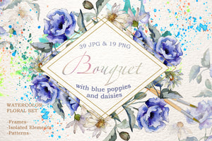 Bouquet with blue poppies and daisies Watercolor png