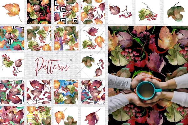 Autumn Viburnum Leaves Png Watercolor Set Digital