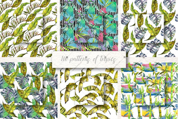 100 Patterns Of Tropics Jpg Watercolor Set Digital