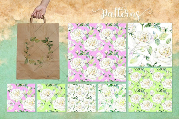 Delicate White Roses Png Watercolor Set Digital