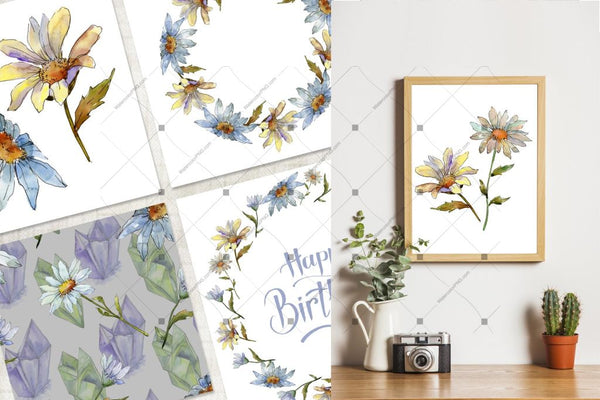 Cool White Chamomile Png Watercolor Set Digital