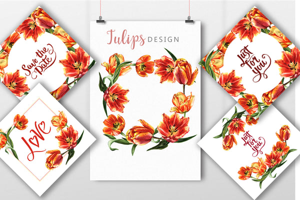 Fire tulips PNG watercolor set