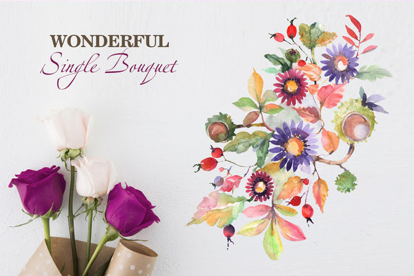 Watercolor  Bouquet with asters and wildflowers PNG