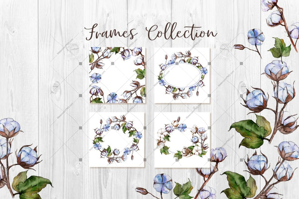 Blue And White Cotton Png Watercolor Set Digital