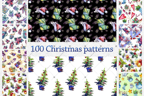 100 Patterns Of Christmas Jpg Watercolor Set Digital