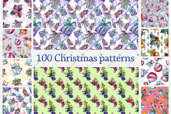 100 Patterns Of Christmas Jpg Watercolor Set Digital