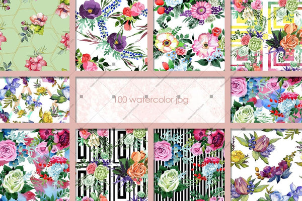 100 Patterns Of Flower Bouquets Jpg Watercolor Set Digital