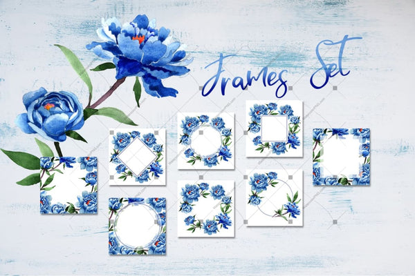 Cool Blue Peonies Png Watercolor Flower Set Digital