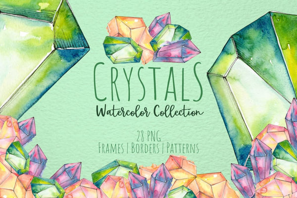 Crystals are blue green and red Watercolor png Digital