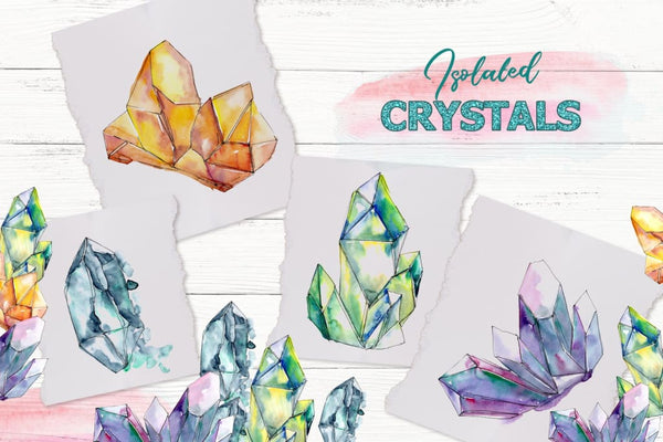 Crystals blue and yellow Watercolor png Digital