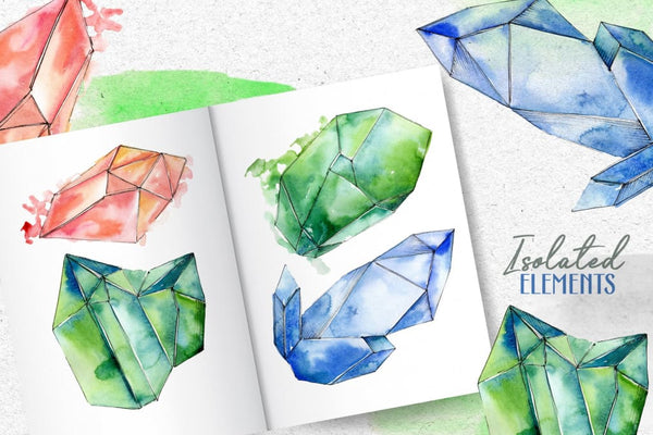 Crystals Corundum red blue and green Watercolor png Digital