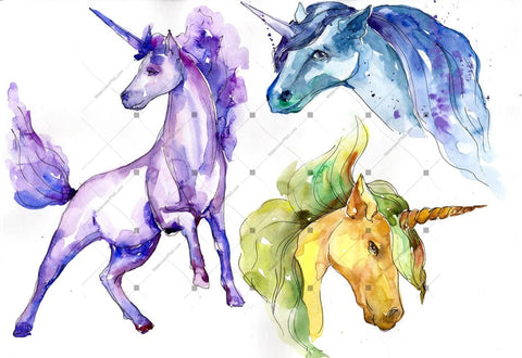 Cute Colorful Unicorn Horses Png Watercolor Set Digital