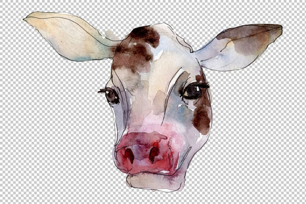 Farm animals: cow head Watercolor png Flower