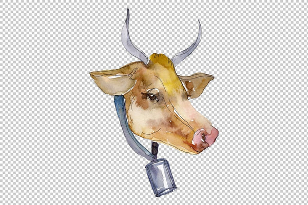 Farm animals: cow head Watercolor png Flower