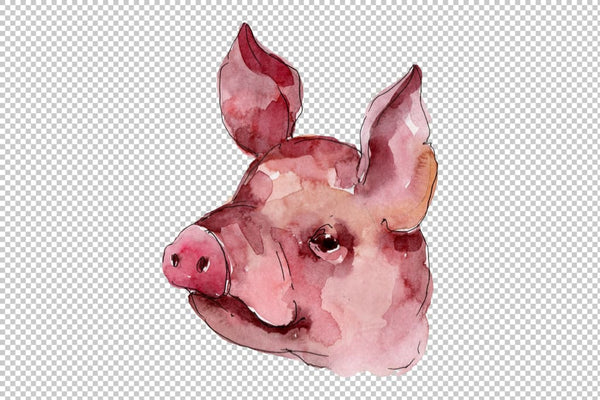 Farm animals: pig head Watercolor png Flower