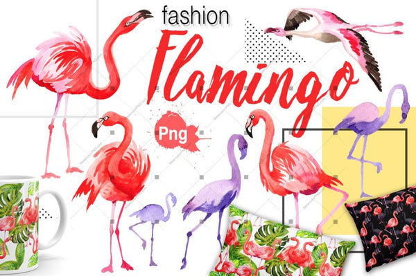 Flamingo Fashion Watercolor Png Set Digital
