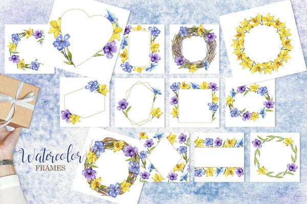 Flax Blue and yellow fowers Watercolor png Digital