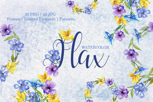 Flax Blue and yellow fowers Watercolor png Digital