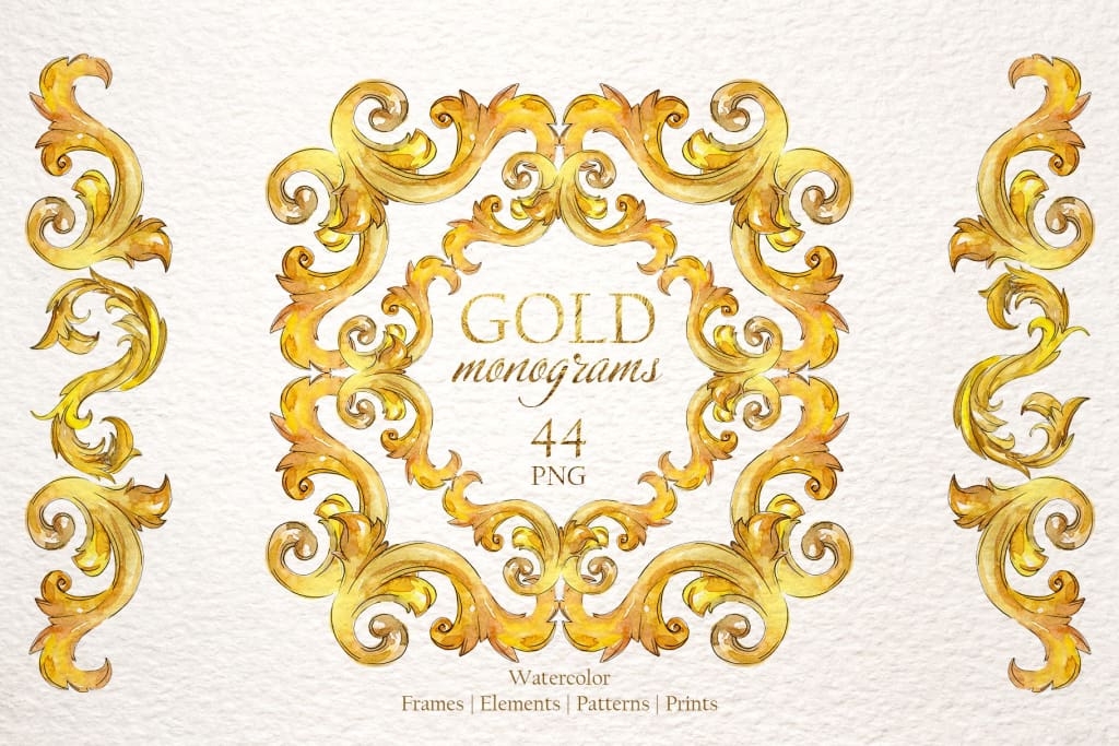 Gold monograms Watercolor png Digital