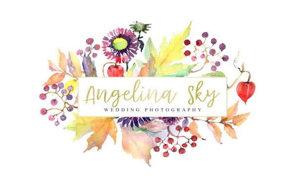 LOGO with asters maple leaves and physalis Watercolor png Flower