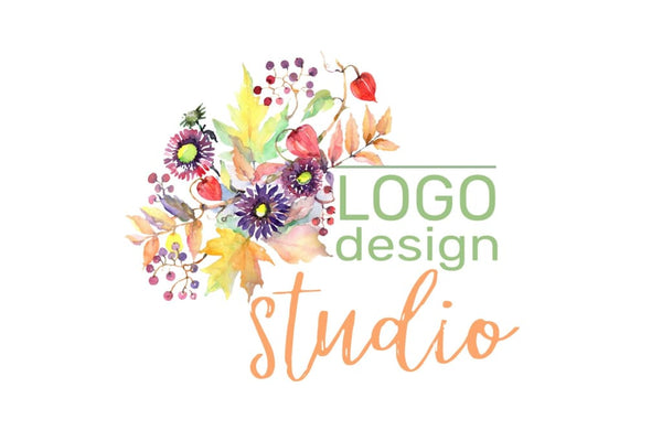 LOGO with asters maple leaves and physalis Watercolor png Flower