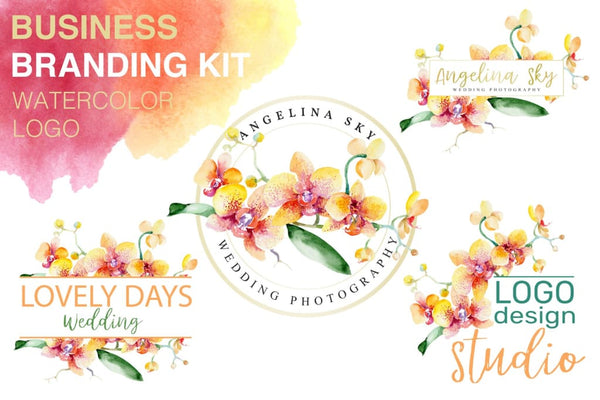LOGO with beautiful orchids Watercolor png Flower