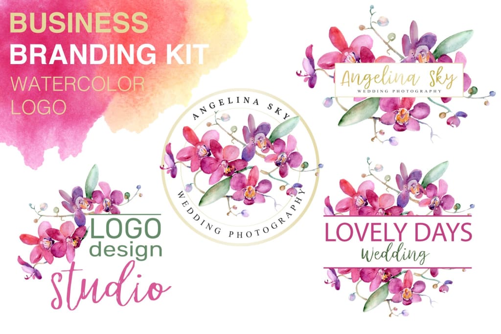 LOGO with pink orchids Watercolor png Flower