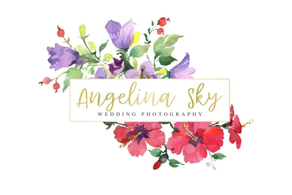LOGO with red hibiscus and bluebells Watercolor png Flower