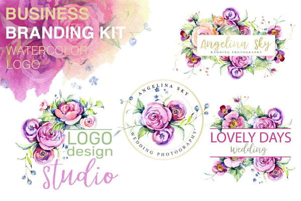 LOGO with roses and wildflowers Watercolor png Digital