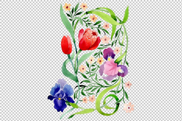 Ornament with irises and tulips watercolor png Flower