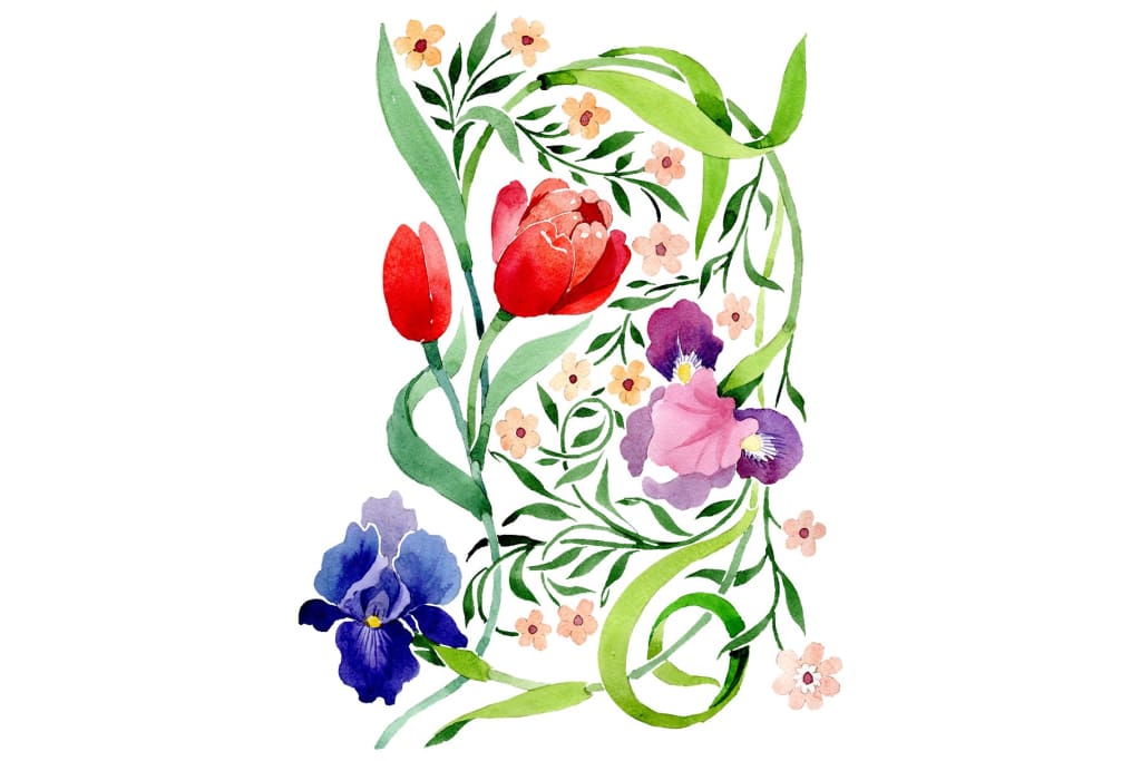 Ornament with irises and tulips watercolor png Flower