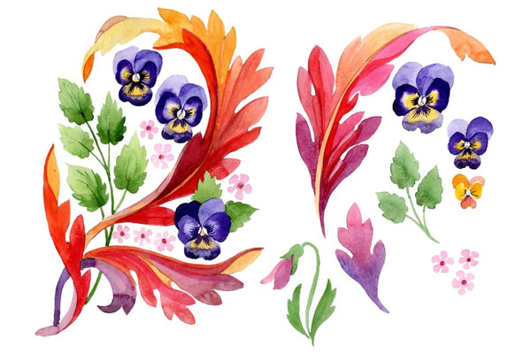 Ornament with pansies Watercolor png Flower