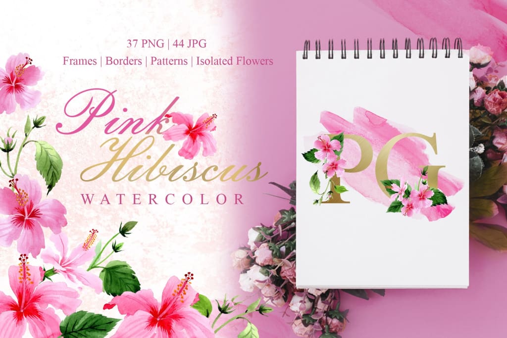 Pink Hibiscus Watercolor png Digital