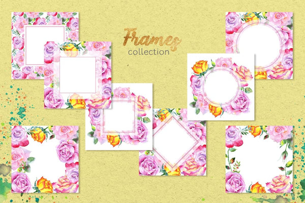 Pink roses collection watercolor png Digital