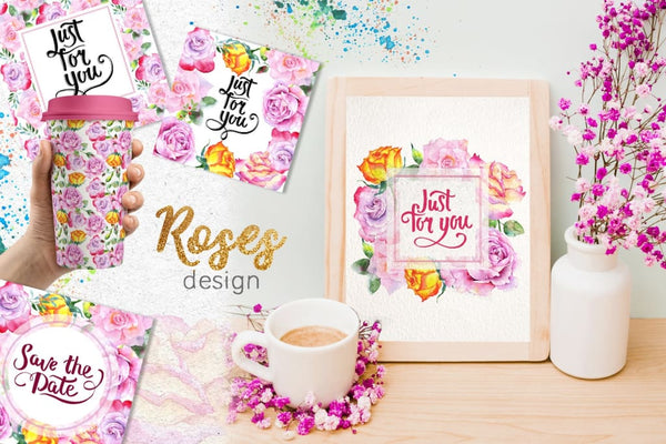 Pink roses collection watercolor png Digital