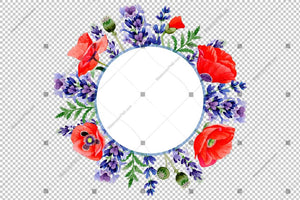 Purple Lavender And Red Poppy Frame Wreath Flowers Watercolor Png Design