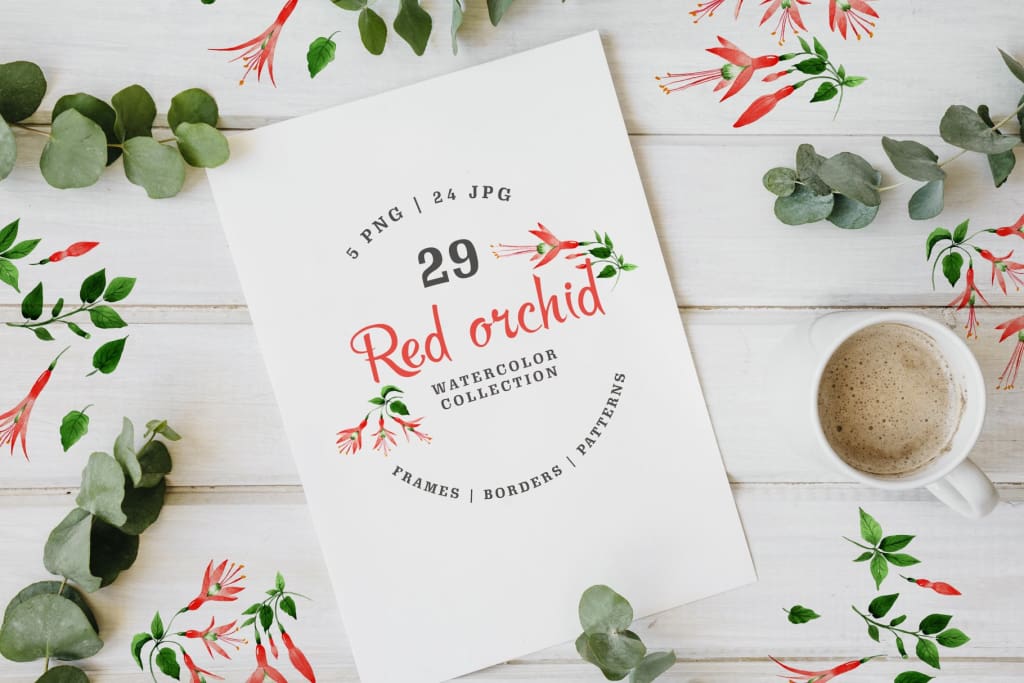 Red orchid flower Watercolor png Digital
