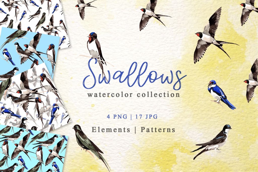 Swallows Watercolor png Digital
