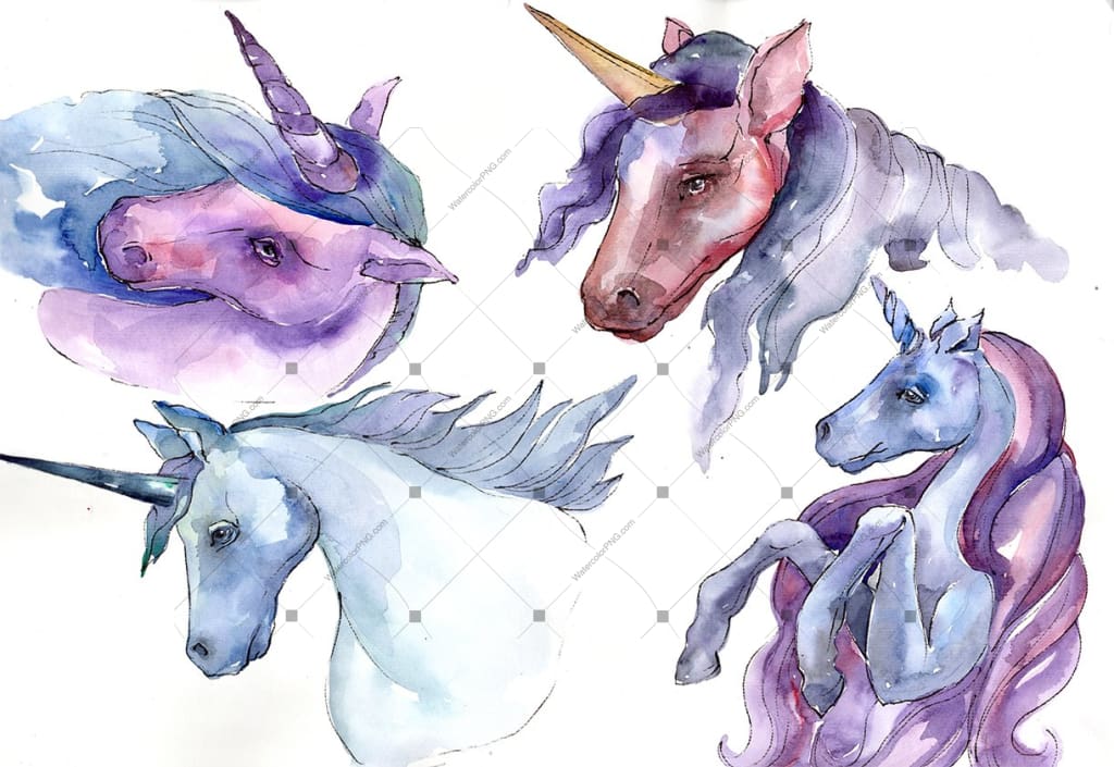 Sweet Purple Unicorn Horse Png Watercolor Set Digital