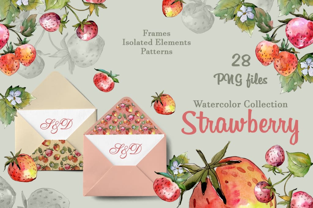 Tasty juicy strawberry watercolor png Digital