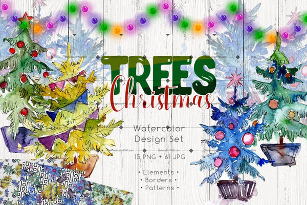 Trees Christmas Png Watercolor Set Digital